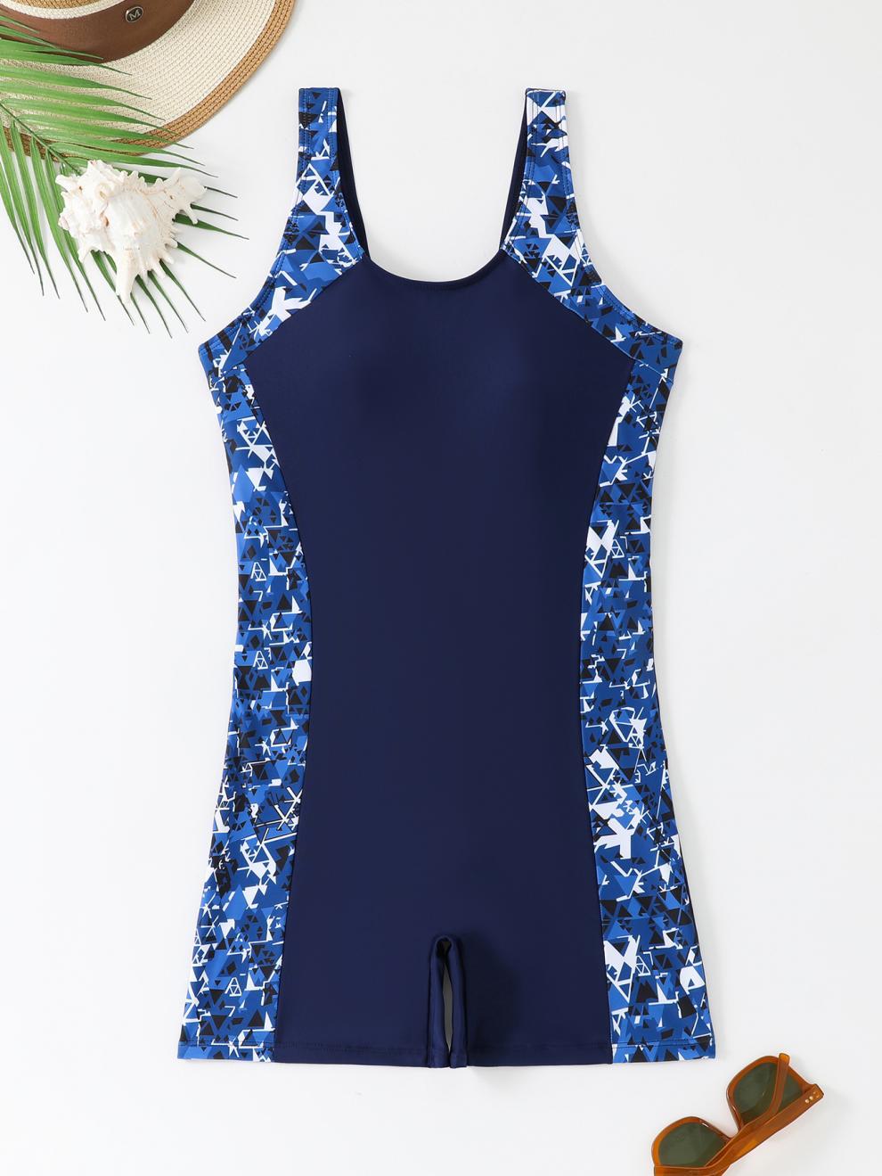 Womens Athletic One-Piece Swimsuit With Geometric Print Panels